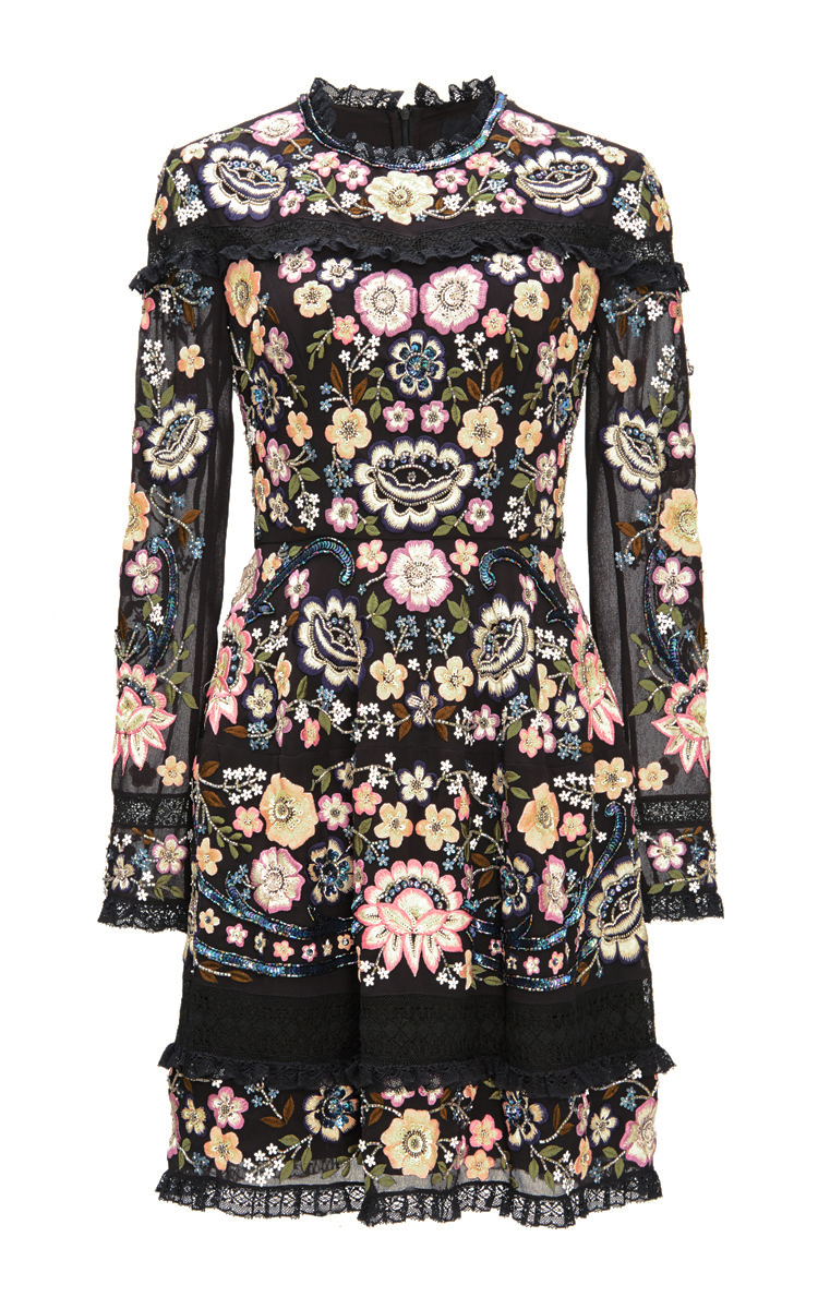 Needle & Thread Long-sleeve Floral Embellished Mini Dress, Black | ModeSens