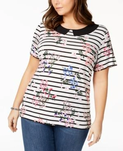 Tommy Hilfiger Plus Size Inset-collar Top, Created For Macy's In Bouquet Stripe/bloom