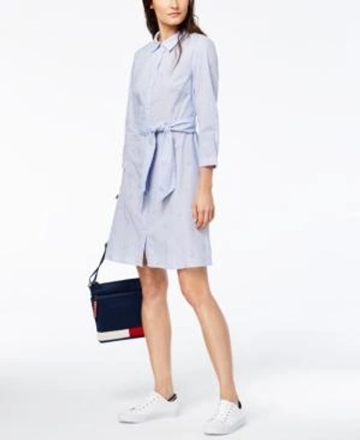 Tommy Hilfiger Cotton Embroidered-stripe Tie-belt Shirtdress In Ditsy Floral Blue