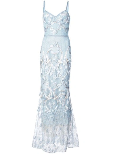Marchesa Notte Black Sleeveless Embroidered Corset Gown In Blue