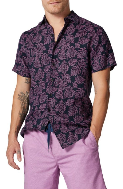 Rodd & Gunn Yelverton Sport Fit Frond Print Short Sleeve Linen Button-up Shirt In Deep Sea