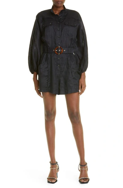 Zimmermann Devi Button-front Paneled Playsuit In Black