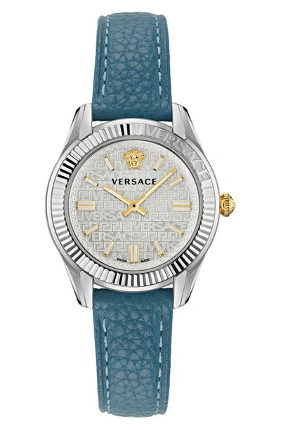 Versace 35mm Greca Time Watch With Leather Strap, Silver/blue In Stainless Steel