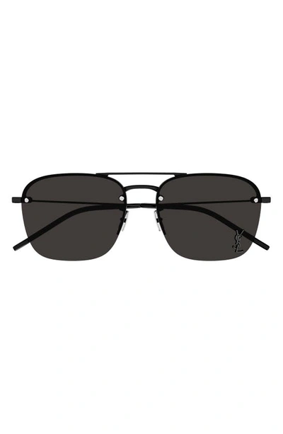 Saint Laurent Raised Ysl Metal Aviator Sunglasses In Semimatte Black