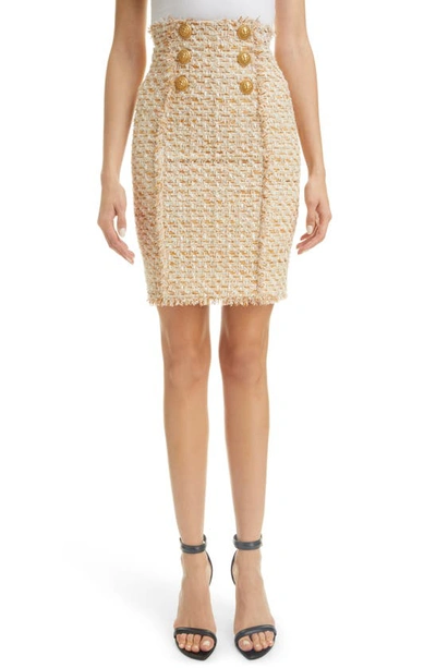 Balmain Beige Tweed Skirt With Front Golden Buttons In Cotton Blend Woman In Multi Beige