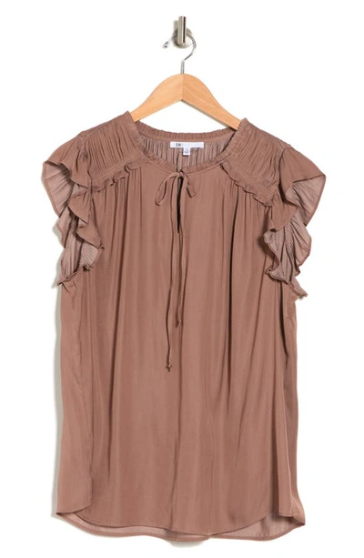 Dr2 By Daniel Rainn Satin Ruffe Split Neck Top In Hazelnut