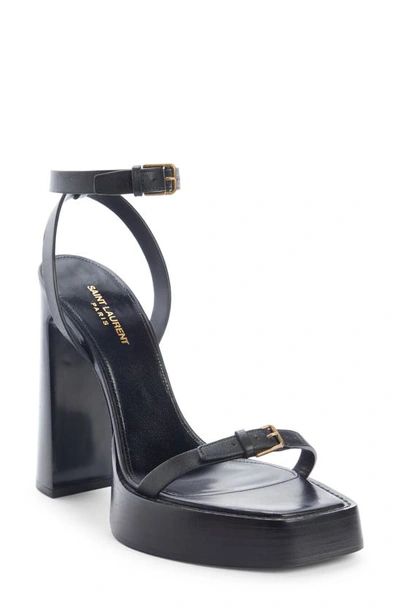 Saint Laurent Carine Leather Buckle Platform Sandals In Nero