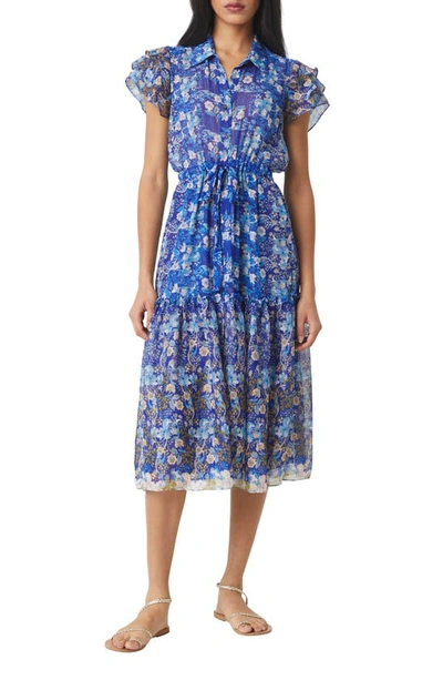 Misa Viola Floral Chiffon Metallic Midi Shirtdress In Blue