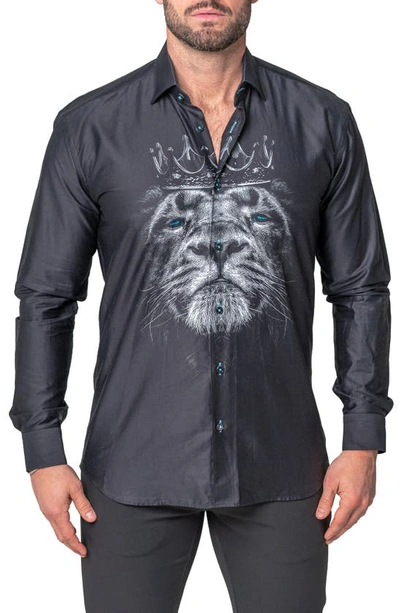 Maceoo Fibonacci Lion Crown Regular Fit Cotton Blend Button-up Shirt In Black