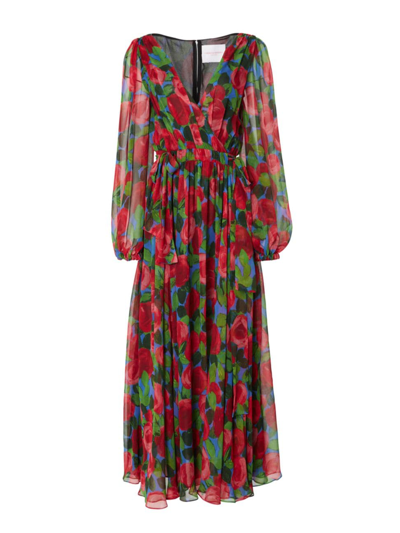 Carolina Herrera Ls Vneck Faux Wrap Midi Dress In Multi Color
