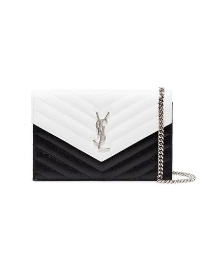 Saint Laurent Black And White Monogram Quilted Leather Chain Wallet