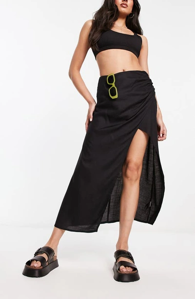 Asos Design Ruched Side Midi Skirt In Black