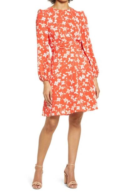 Eliza J Floral Long Sleeve Crepe Dress In Red/ White
