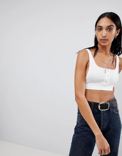 Motel Crop Top In Crinkle Rib With Popper Front - White