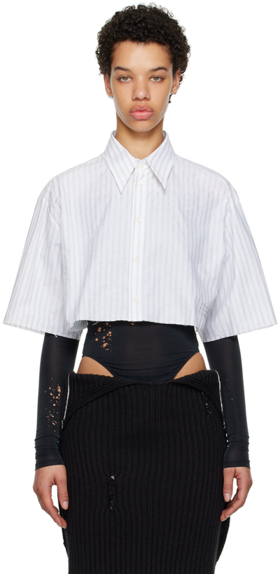 Mm6 Maison Margiela Cropped Embroidered Striped Stretch-cotton Poplin Shirt In Grey