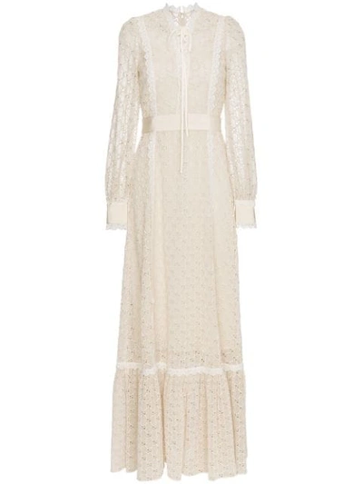 Gucci Lace-up Long-sleeve Macram&eacute; Long Dress In Nude/neutrals