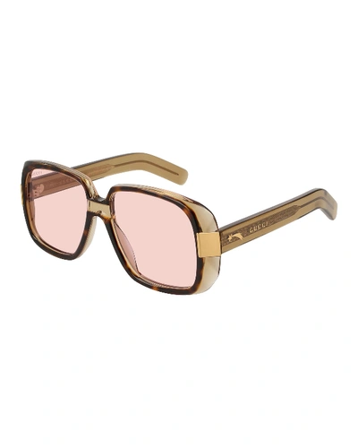 Gucci Oversized Square Acetate Sunglasses, Brown Pattern/pink