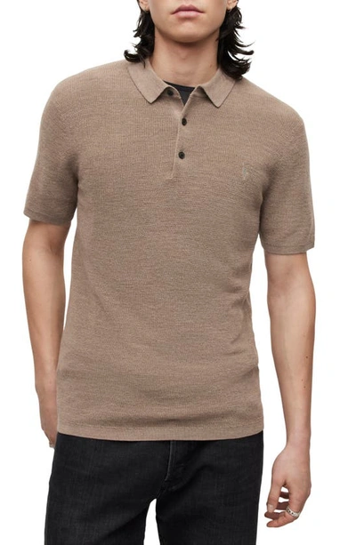 Allsaints Ivar Embroidered Logo Short Sleeve Merino Wool Polo Sweater In Warm Taupe Marl