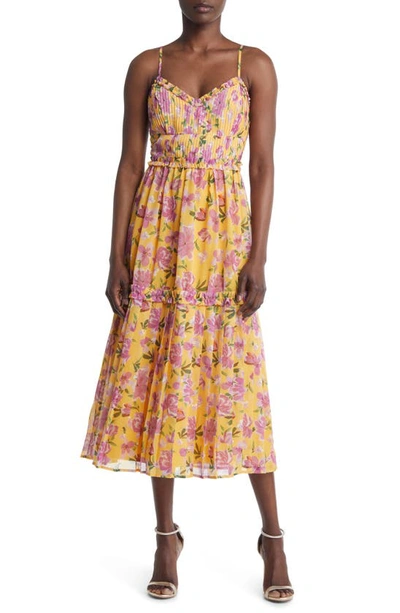 Adelyn Rae Meadow Floral Pleated Fit & Flare Dress In Pink/ Yellow