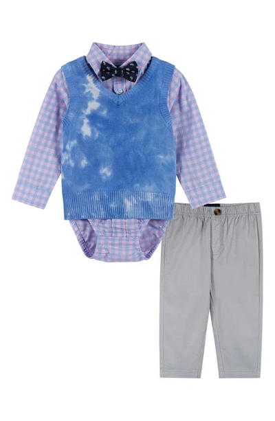 Andy & Evan Babies' Plaid Shirt, Bow Tie, Vest & Pants Set In Light Blue Tie Dye