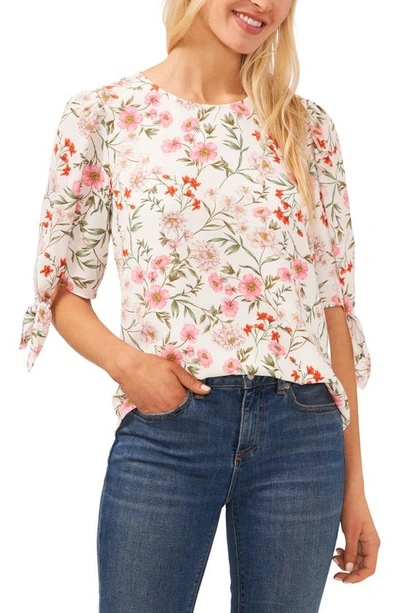 Cece Floral Tie Sleeve Blouse In New Ivory