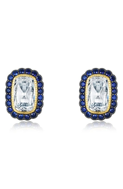Lafonn Art Deco Simulated Diamond Halo Stud Earrings In Blue/ Gold