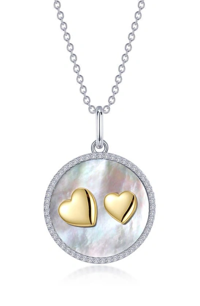 Lafonn Simulated Diamond Mother-of-pearl Double Heart Pendant Necklace In Silver/ Mop