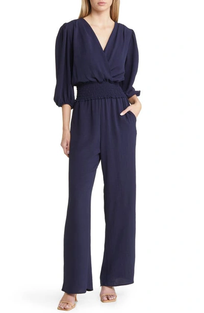 Fraiche By J Smocked Waist Wide Leg Jumpsuit In Navy