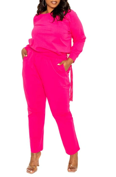 Buxom Couture Long Sleeve Cotton Blend Jumpsuit In Hot Pink