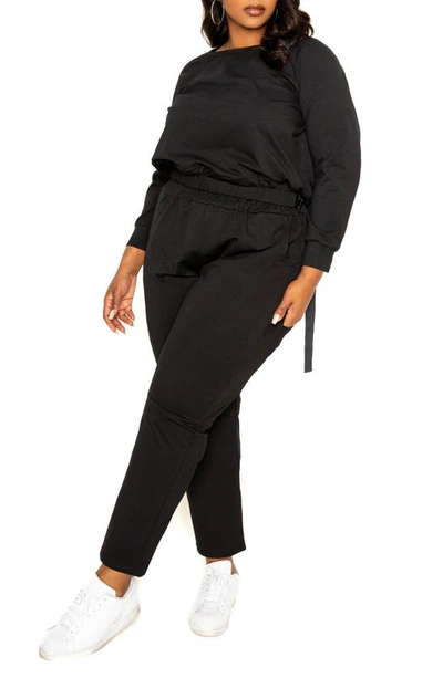 Buxom Couture Long Sleeve Cotton Blend Jumpsuit In Black