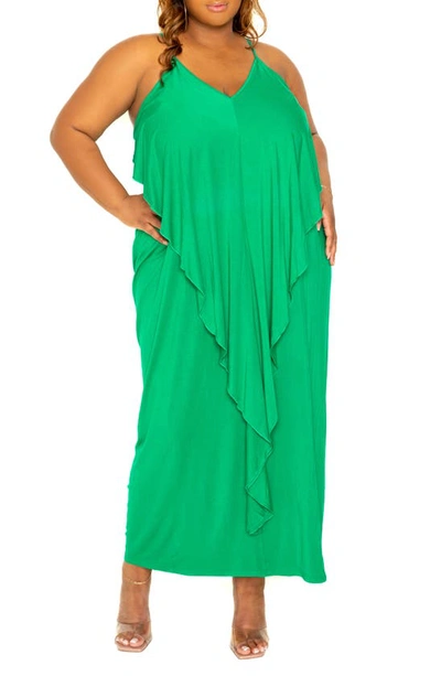 Buxom Couture Cascade Ruffle Racerback Maxi Dress In Green