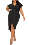 Buxom Couture Flutter Sleeve High-low Faux Wrap Dress In Black