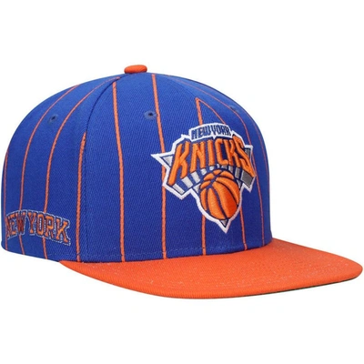 Mitchell & Ness Men's  Blue, Orange New York Knicks Hardwood Classics Pinstripe Snapback Hat In Blue,orange
