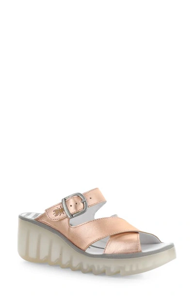Fly London Bocy Strappy Wedge Slide Sandal In Blush Gold Idra