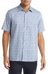 Ted Baker Astun Regular Fit Geometric Print Stretch Short Sleeve Button-up Shirt In Blue