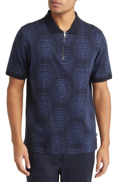 Ted Baker Distorted Spot Quarter Zip Jacquard Polo In Navy