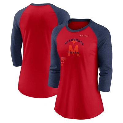 Nike Women's  Red, Navy Minnesota Twins Next Up Tri-blend Raglan 3/4 -sleeve T-shirt In Red,navy