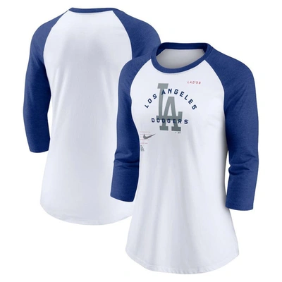 Nike Women's  White, Royal Los Angeles Dodgers Next Up Tri-blend Raglan 3/4 -sleeve T-shirt In White,royal