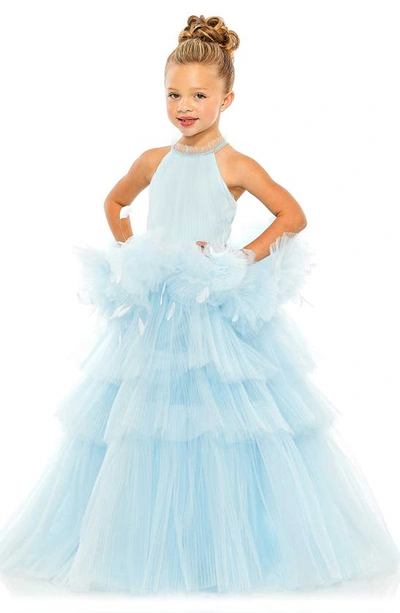 Mac Duggal Girls' High Neck Tulle Dress With Feather Detail - Little Kid, Big Kid In Ice Blue