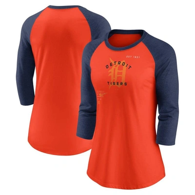 Nike Women's  Orange, Navy Detroit Tigers Next Up Tri-blend Raglan 3/4 -sleeve T-shirt In Orange,navy