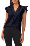Chaus Floral Eyelet Flutter Sleeve Cotton Poplin Blouse In Navy