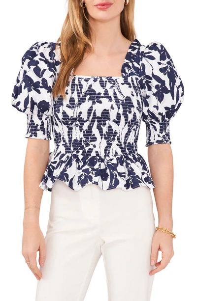Chaus Floral Smocked Puff Sleeve Cotton Top In White/ Navy