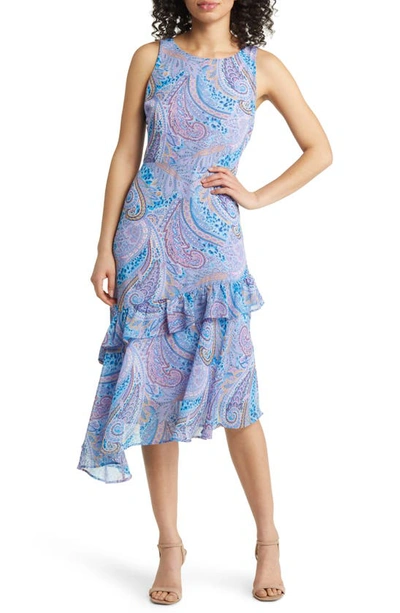Sam Edelman Paisley Asymmetric Ruffle Dress In Blue