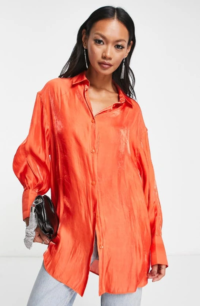 Asos Design Oversize Metallic Button-up Shirt In Red