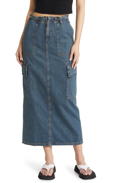 Asos Design Parachute Denim Cargo Midi Skirt In Medium Blue