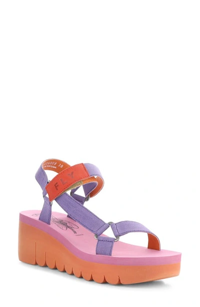 Fly London Yefa Wedge Sandal In 008 Violet/ Orange Grograin