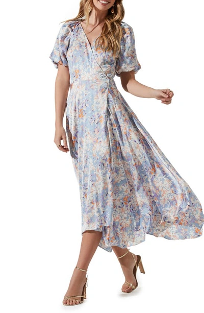 Astr Floral Puff Sleeve Wrap Dress In Blue Multi Floral