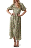 Astr Floral Puff Sleeve Wrap Dress In Pink Green Multi
