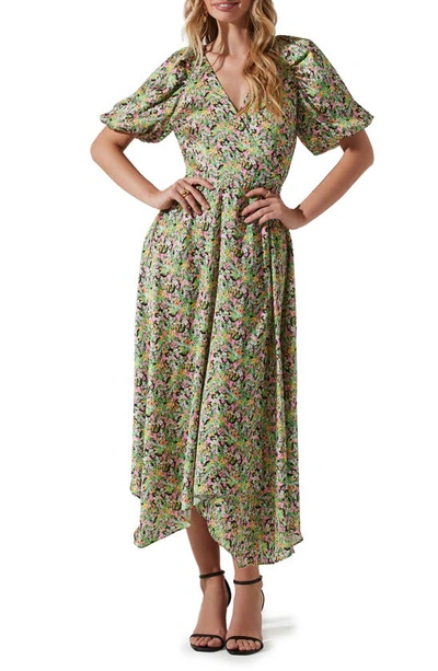 Astr Floral Puff Sleeve Wrap Dress In Pink Green Multi