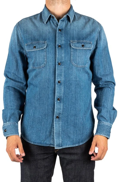 Kato The Brace Loose Weave Denim Button-up Shirt In Dee